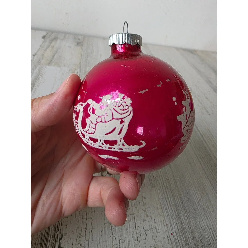 Vintage reindeer pink stencil sleigh Santa shiny Brite ornament glass Xmas tree
